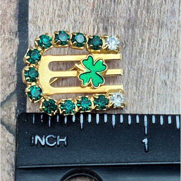 Gold Tone Lucky Tiny Horseshoe Clover Brooch Lapel Pin Green Rhinestones Enamel - Picture 7 of 7